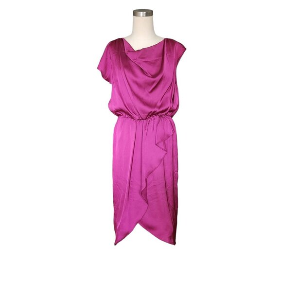 Vince Camuto Flutter Dress Women’s Size 4 Fuschia Pink Satin Assymetrical Sleeve - Picture 1 of 11